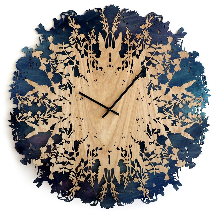 Часы настенные большие "Ботаника" 60 см деревянные, шпона дуба, синие, в гостиную