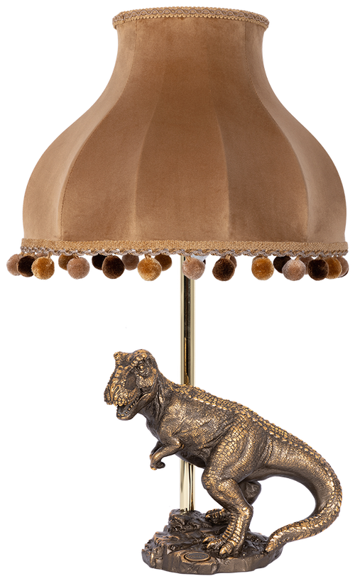 Настольная лампа Bogacho Динозавр Тирекс бронзовая с бежевым абажуром из бархата ручная работа