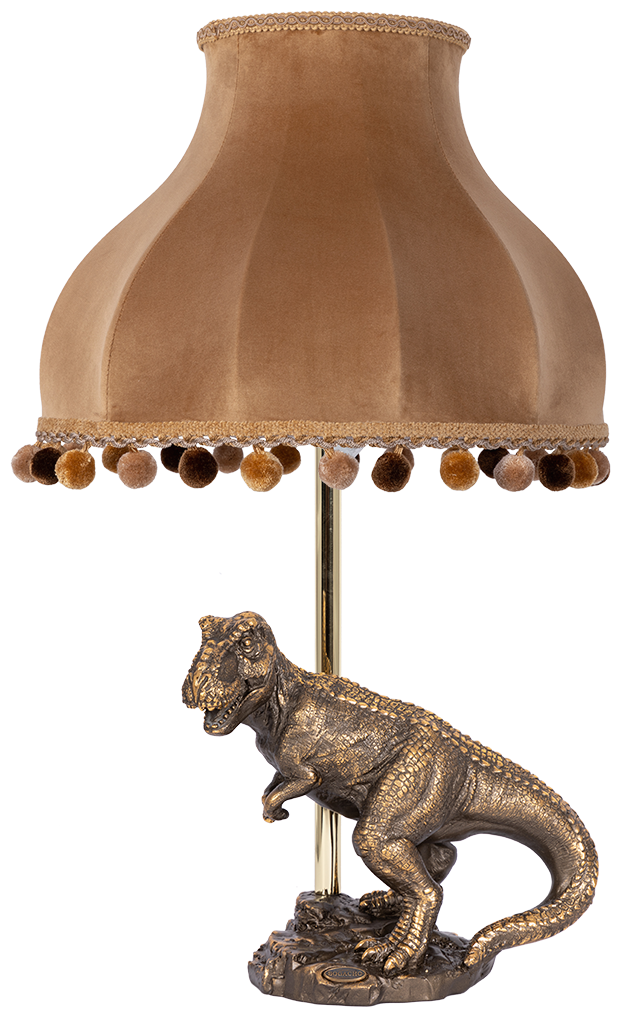 Настольная лампа Bogacho Динозавр Тирекс бронзовая с бежевым абажуром из бархата ручная работа