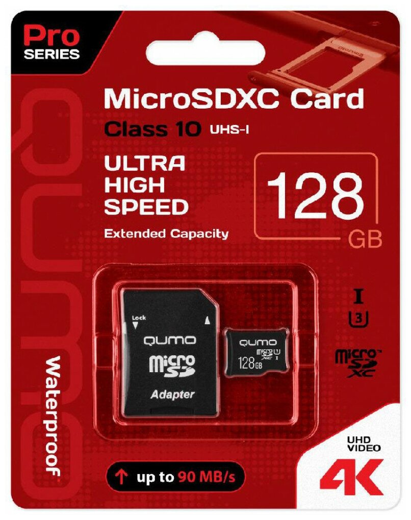 Карта памяти Qumo microSDXC 128GB Pro series microSDXC Class 10 UHS-I, U3 + SD адаптер, Черный QM128GMICSDXC10U3