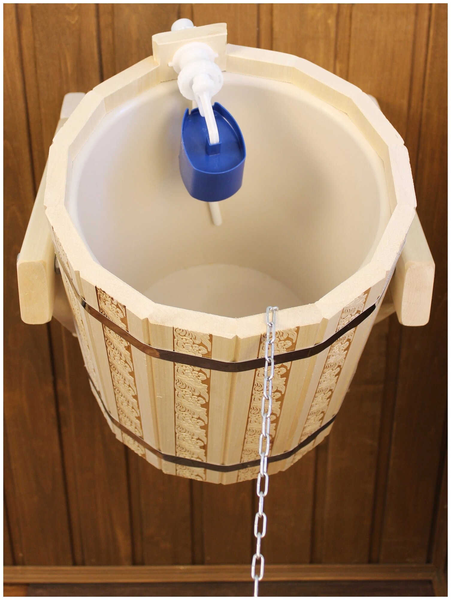 Обливное ведро устройство для бани и сауны с пластиковой вставкой 10 литров, русский душ с наливным клапаном - Пар Парыч - фотография № 3