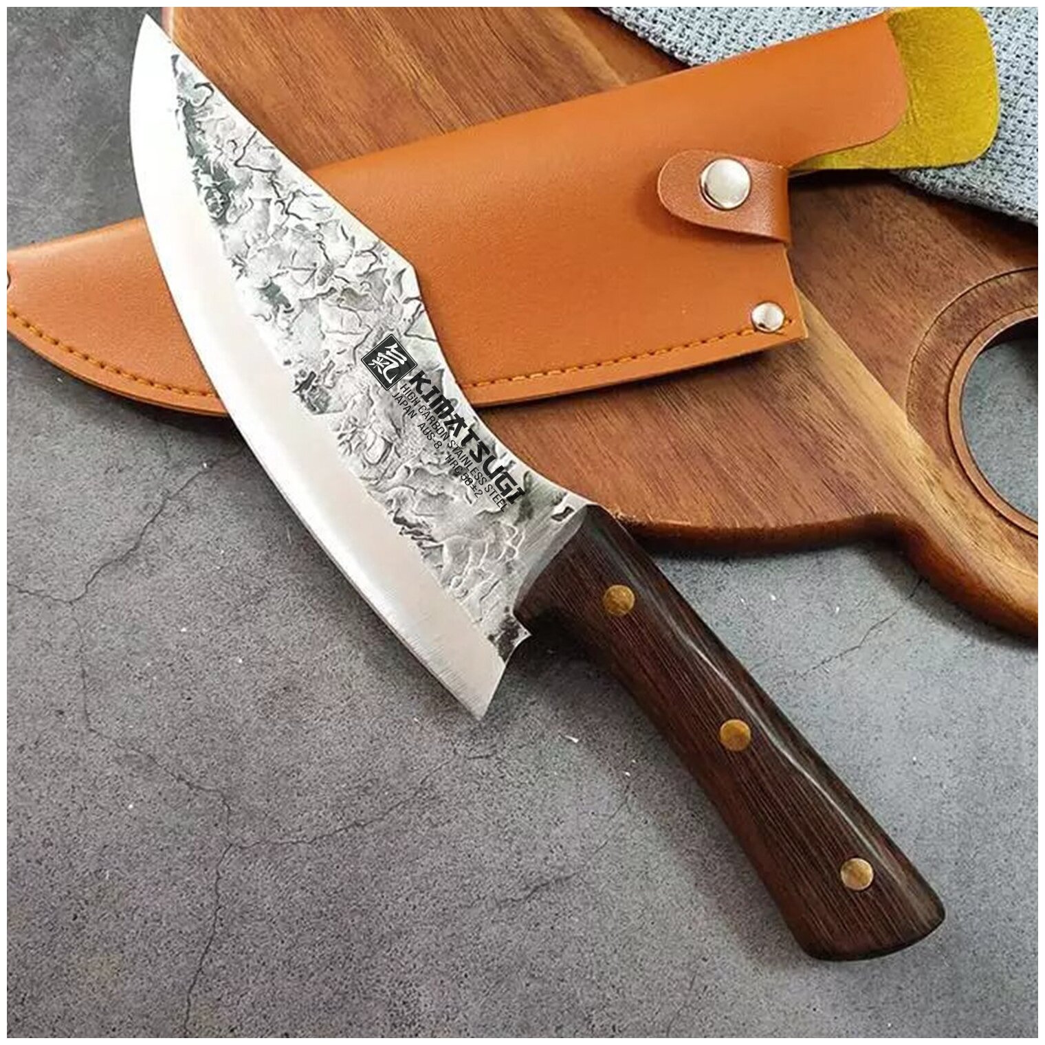 Японский кухонный нож - топорик Kimatsugi Tafugai / Японская сталь AUS-8 / С кожаными ножнами