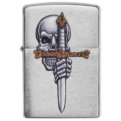 Оригинальная бензиновая зажигалка ZIPPO Classic 49488 Sword Skull Design с покрытием Brushed Chrome - Меч и Череп