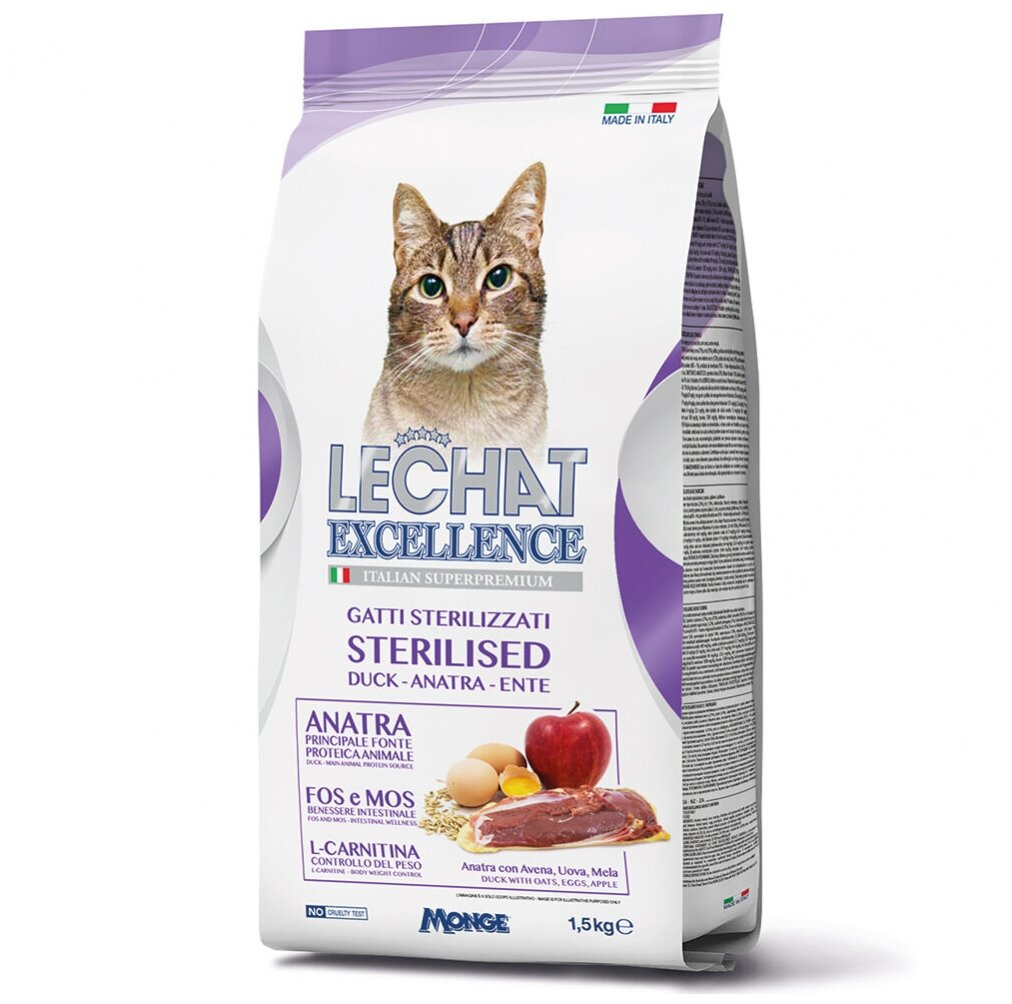 Корм для кошек LECHAT EXCELLENCE Sterilised для стерилизованных, утка, овес, яйца, яблоки сух. 1,5кг - фотография № 2