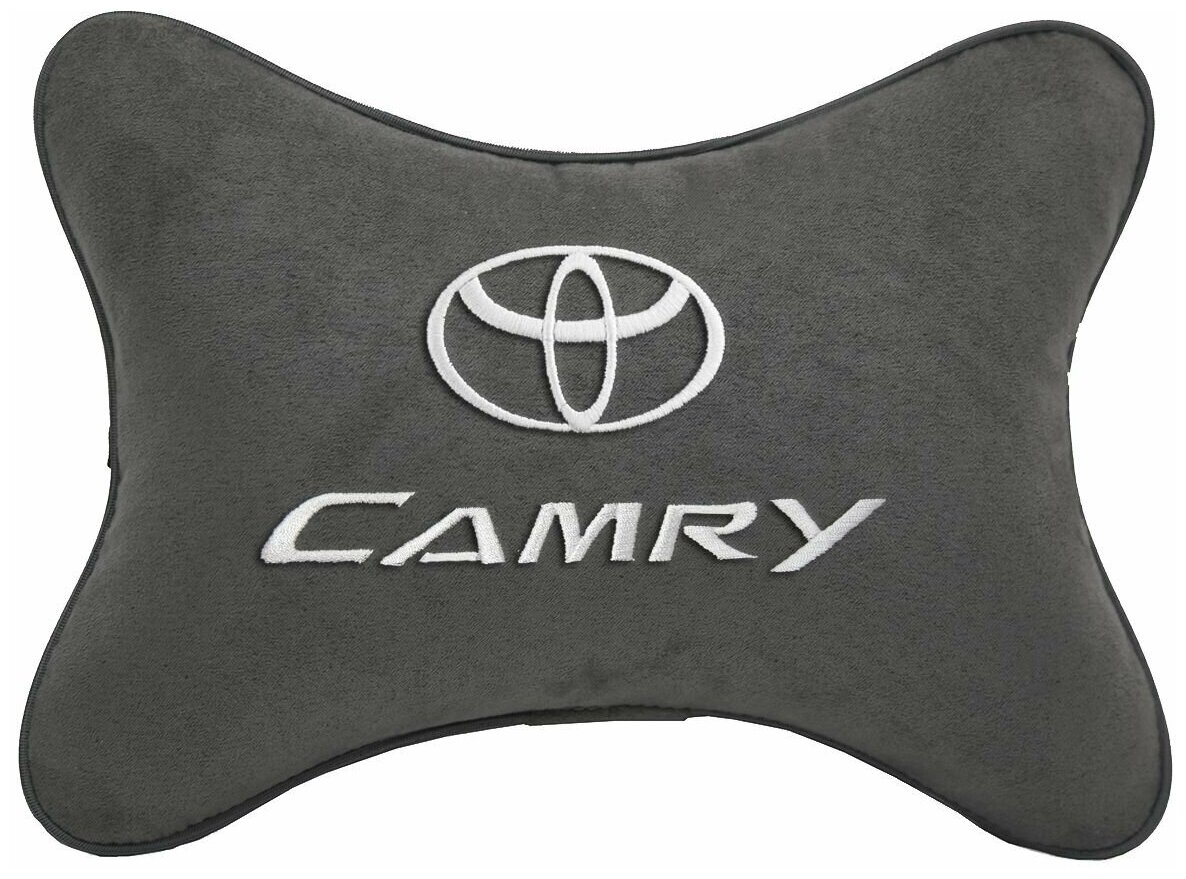 Автомобильная подушка на подголовник алькантара D.Grey с логотипом автомобиля TOYOTA CAMRY