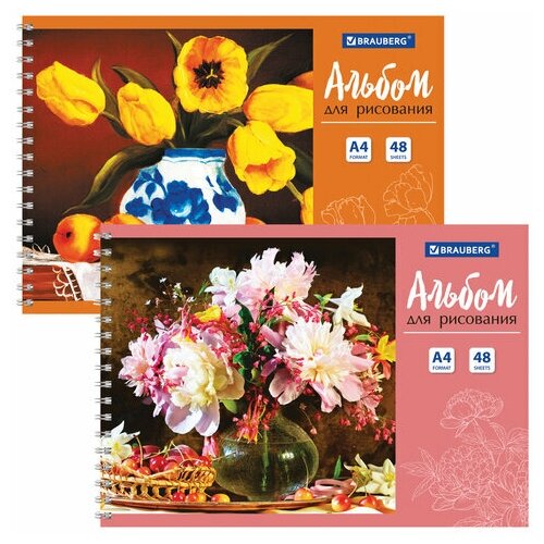 Альбом для рисования А4 48 л. гребень обложка картон BRAUBERG 205х290 мм Цветы (2 вида), 8 шт