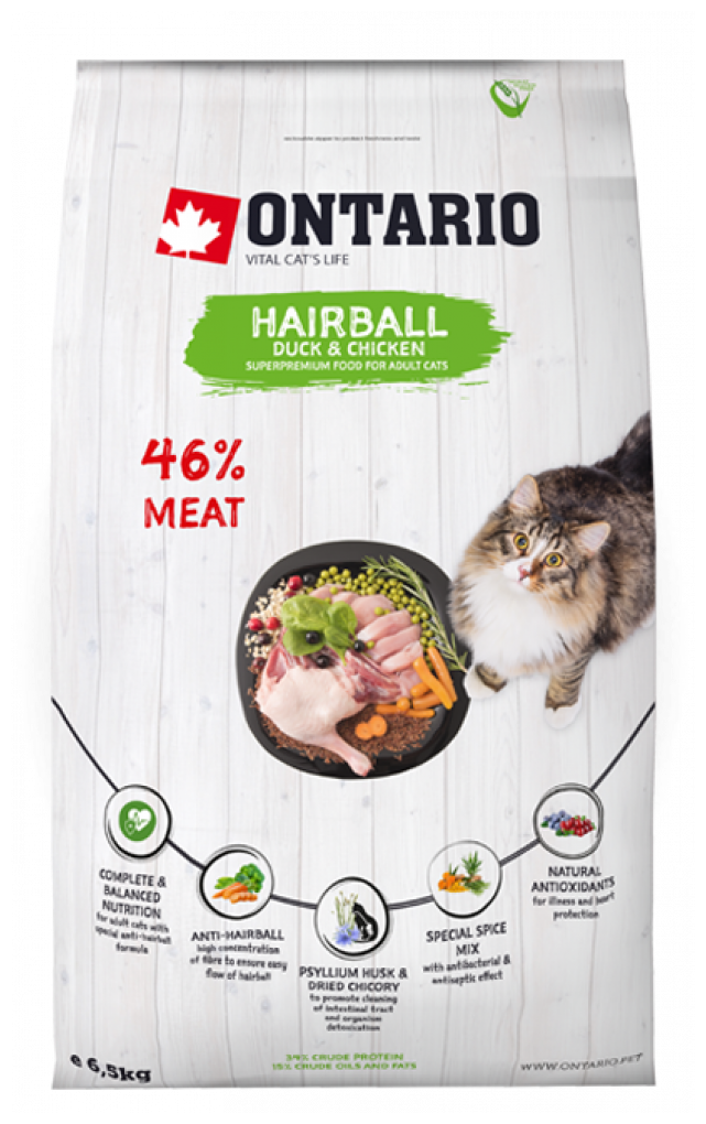 Корм Ontario Hairball для вывода шерсти из желудка, для кошек, с уткой и курицей, 2 кг - фотография № 7