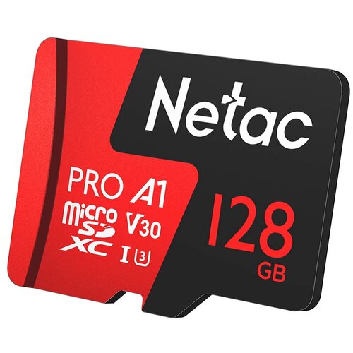 Карта памяти Netac microSDXC 128 ГБ Class 10, V30, A1, UHS-I, R 100 МБ/с, 1 шт., черный/красный карта памяти netac p500 128gb без адаптера nt02p500stn 128g s