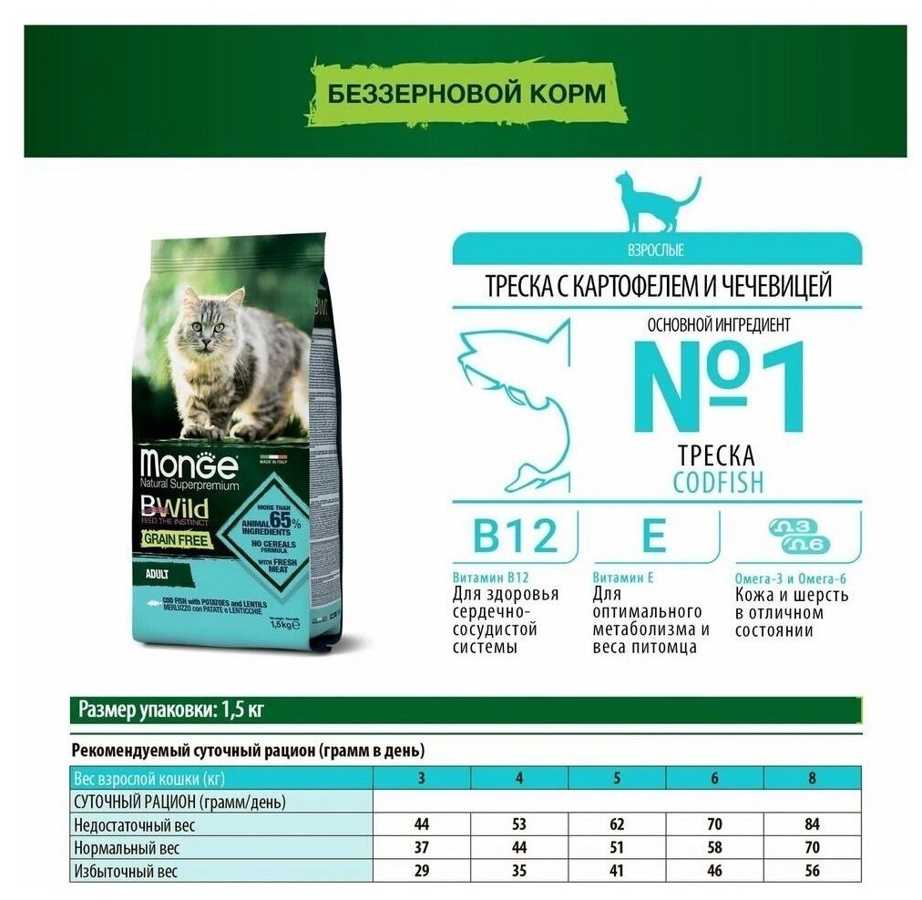 Корм Monge Cat BWild Grain Free беззерновой для взрослых кошек из трески, 1,5кг Unknown - фото №6