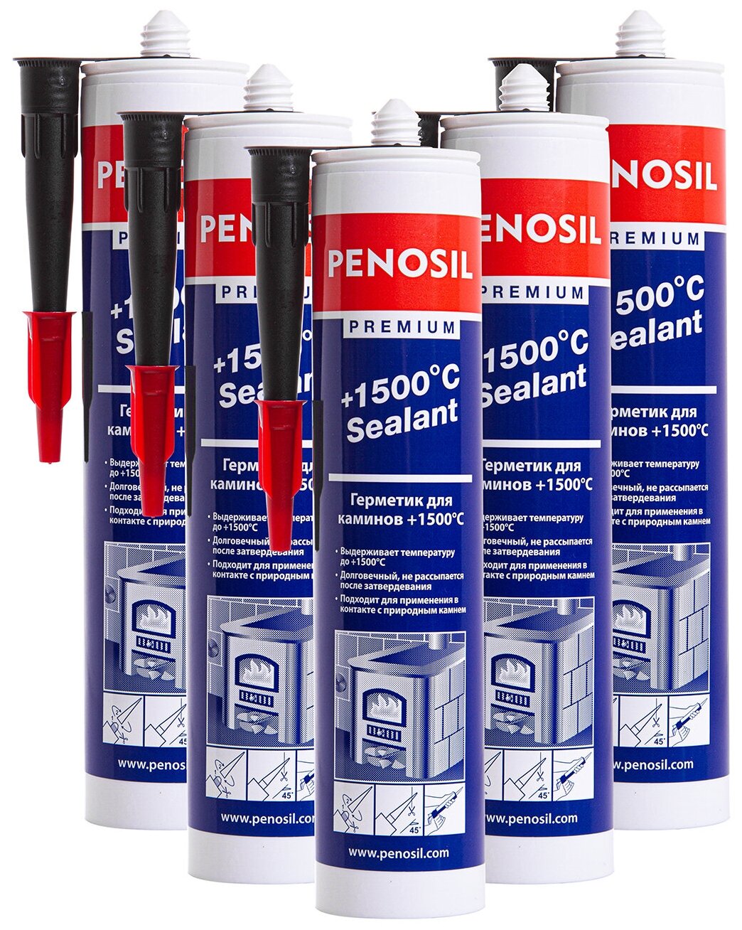 Герметик Penosil Premium 1500°С Sealant для печей и каминов 310 мл 5 шт черный теплостойкий + пистолет