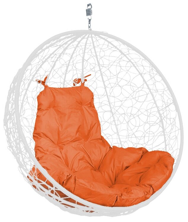 Подвесное кресло круг ротанг белое (без стойки), оранжевая подушка - фотография № 1