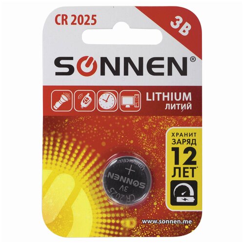 Батарейка SONNEN Lithium, CR2025, литиевая, 1 шт, в блистере, 451973