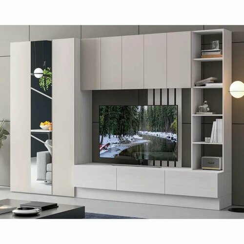 Стенка в гостиную Лиза от Астрид-Мебель, размер 340х50х215 см. цвет Анкор белый/Сатин