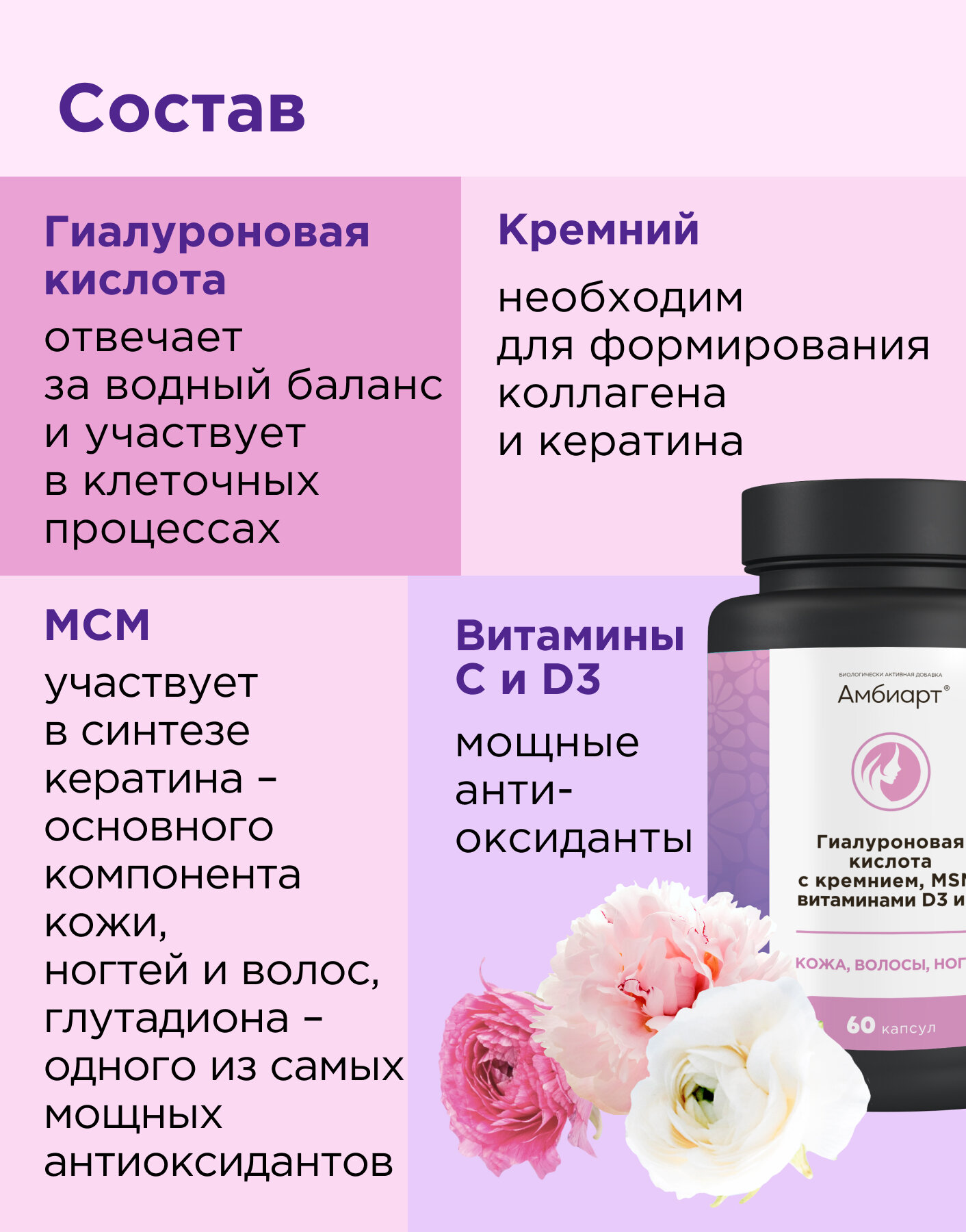 Изображение Амбиарт Кожа, волосы, ногти/ гиалуроновая кислота, кремний, МSM, витамин С, витамин Д