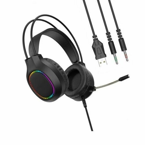 Игровые наушники с микрофоном, накладные наушники проводные для компьютера, LED подсветка, встроенный микрофон, крепление, черный