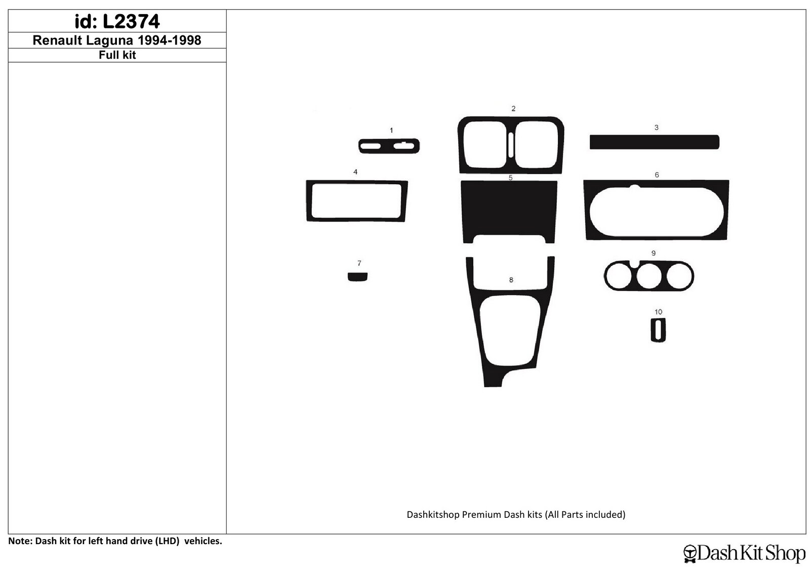 Накладки салона под дерево карбон алюминий для Renault Laguna 1994-1998. Комплект L2374.