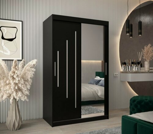 Изображение товара Шкаф-купе МебельЛэнд24 Валмиера NEW - 3 Черный 120x40x250 для одежды двухдверный с 1 зеркалом