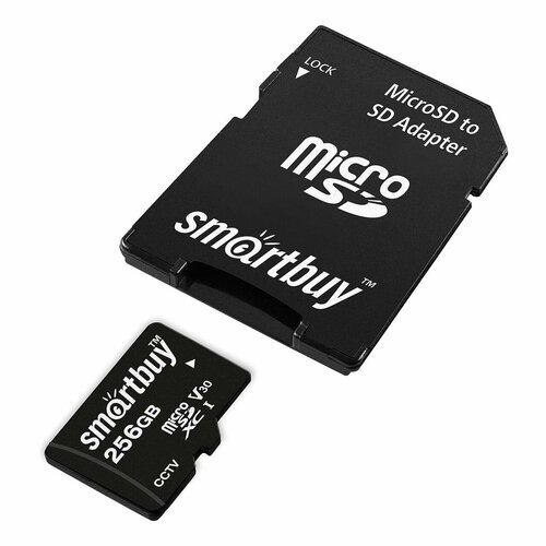 Micro SDXC карта памяти Smartbuy 256GB cl10 U3 V30 для видеонаблюдения (с адаптером SD)