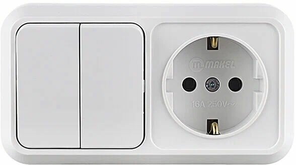Блок выключателя с розеткой Makel Siva Ustu 451A2 двухклавишный открытая установка белый с заземлением