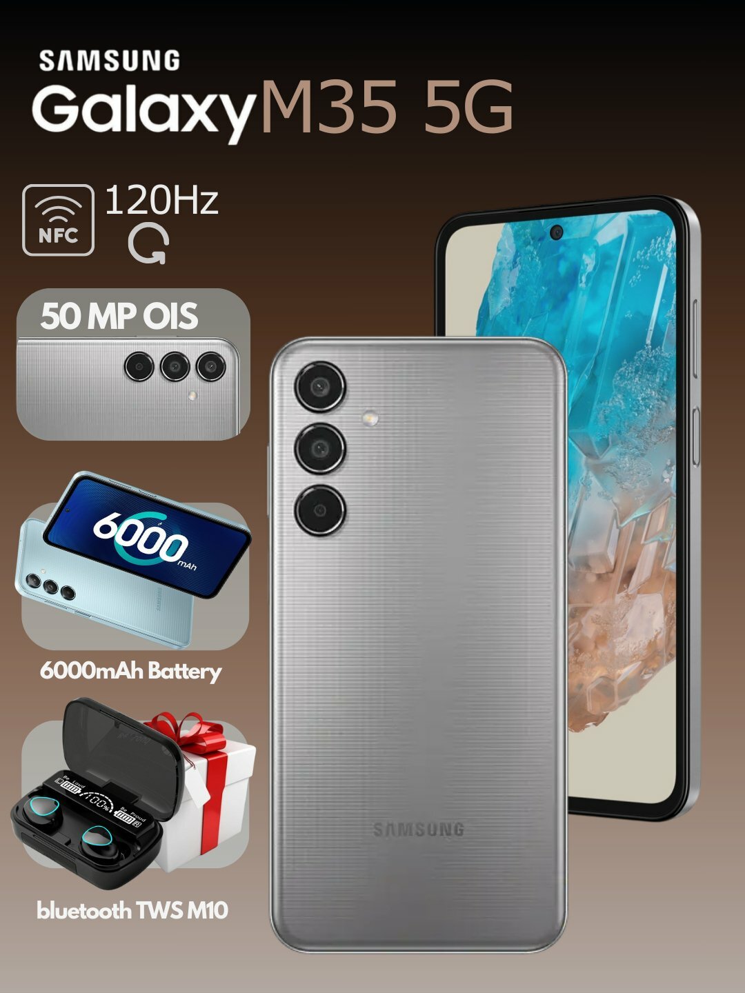 Cмартфон Samsung Galaxy M35 5G, в подарок Bluetooth наушники TWS M10, Бежевый меланж, 6/128GB