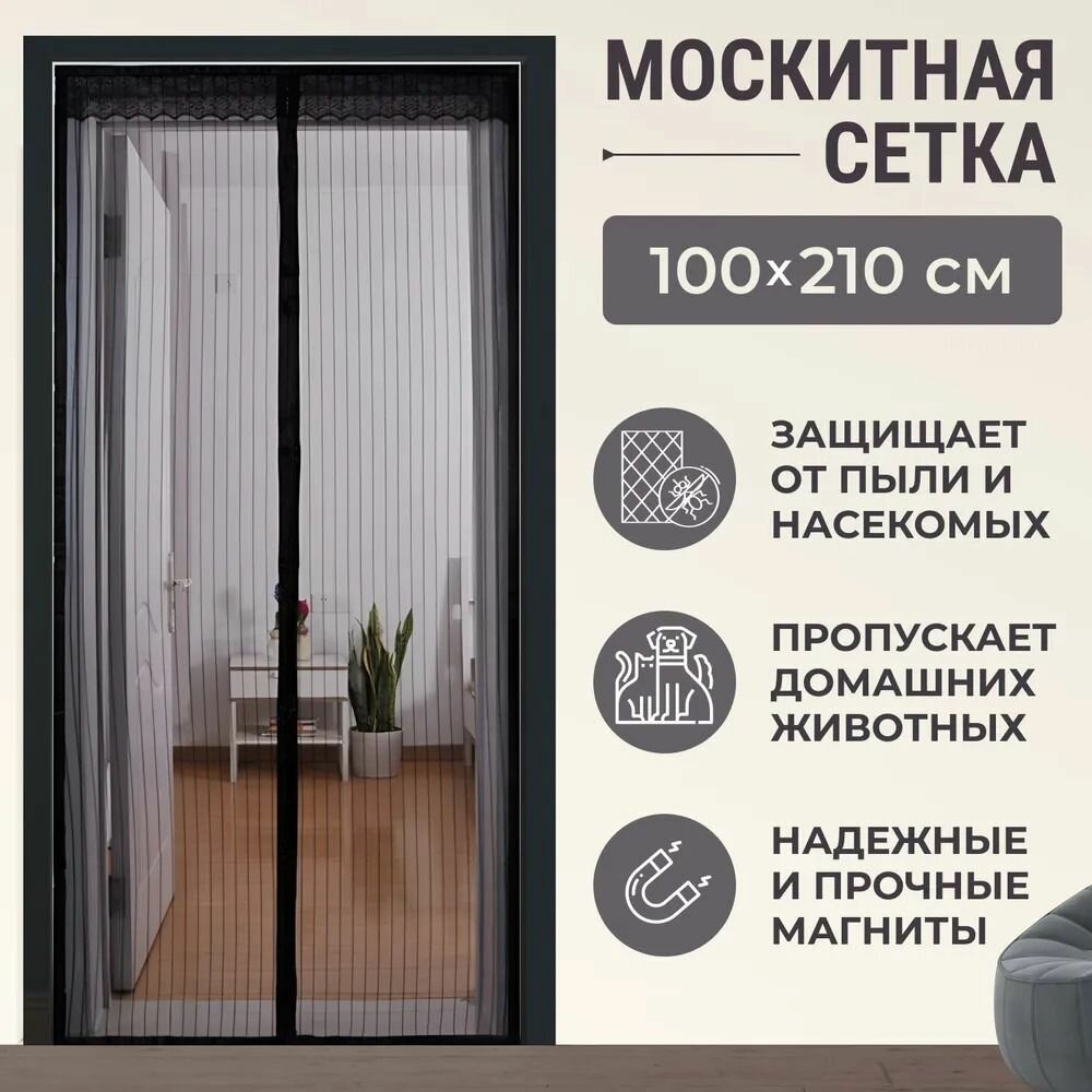 Москитная сетка на дверь на магнитах от комаров мух насекомых 100х210см антимоскитная черная