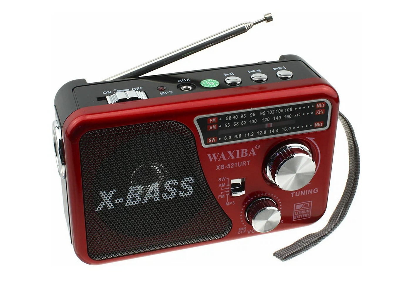 Радиоприёмник Waxiba XB-521URT с MP3 аналоговый фонарик переносной красный/чёрный