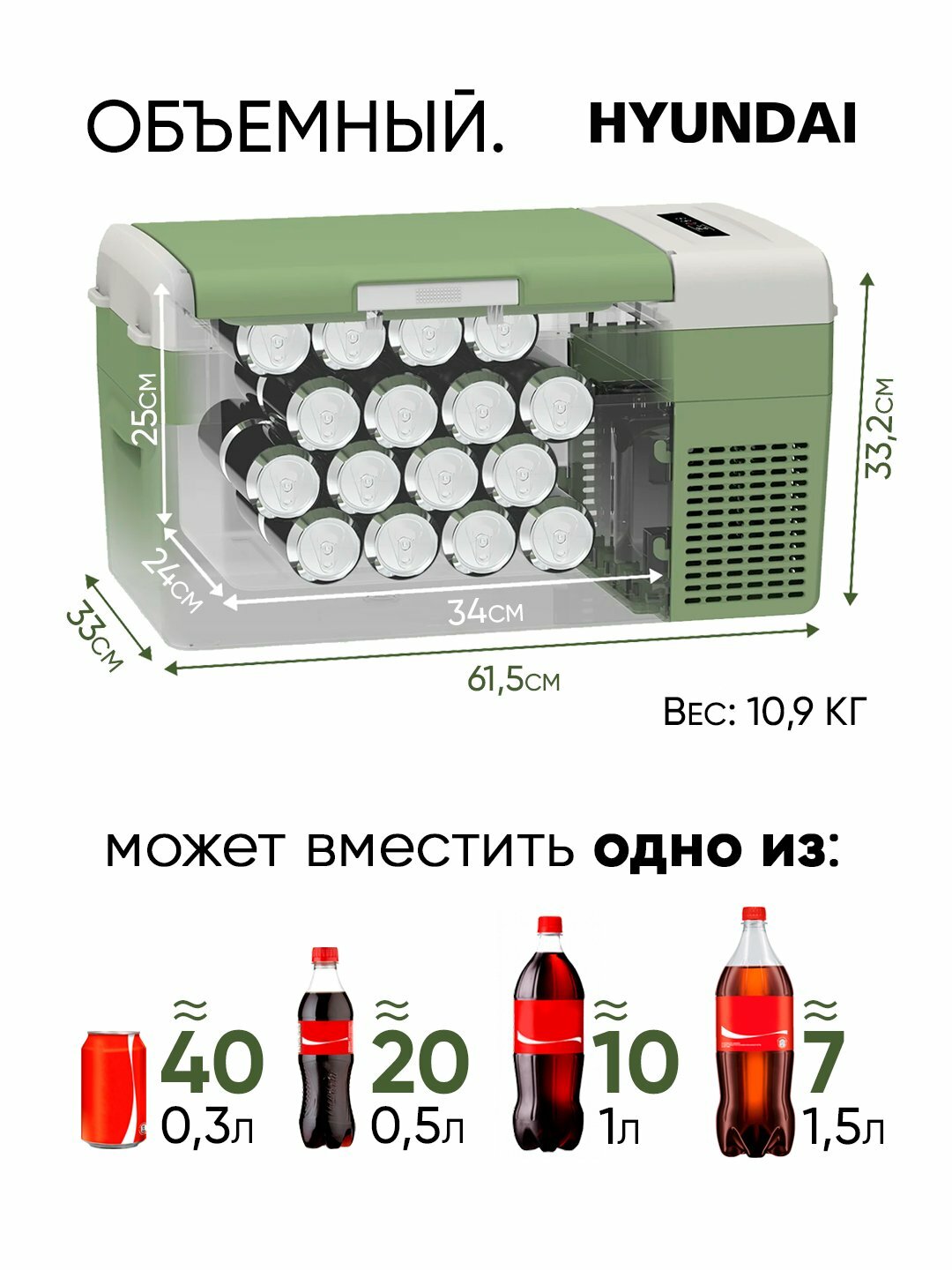 Холодильник автомобильный, морозильник для хранения и перевозки продуктов HYUNDAI, 45 л — фото 1