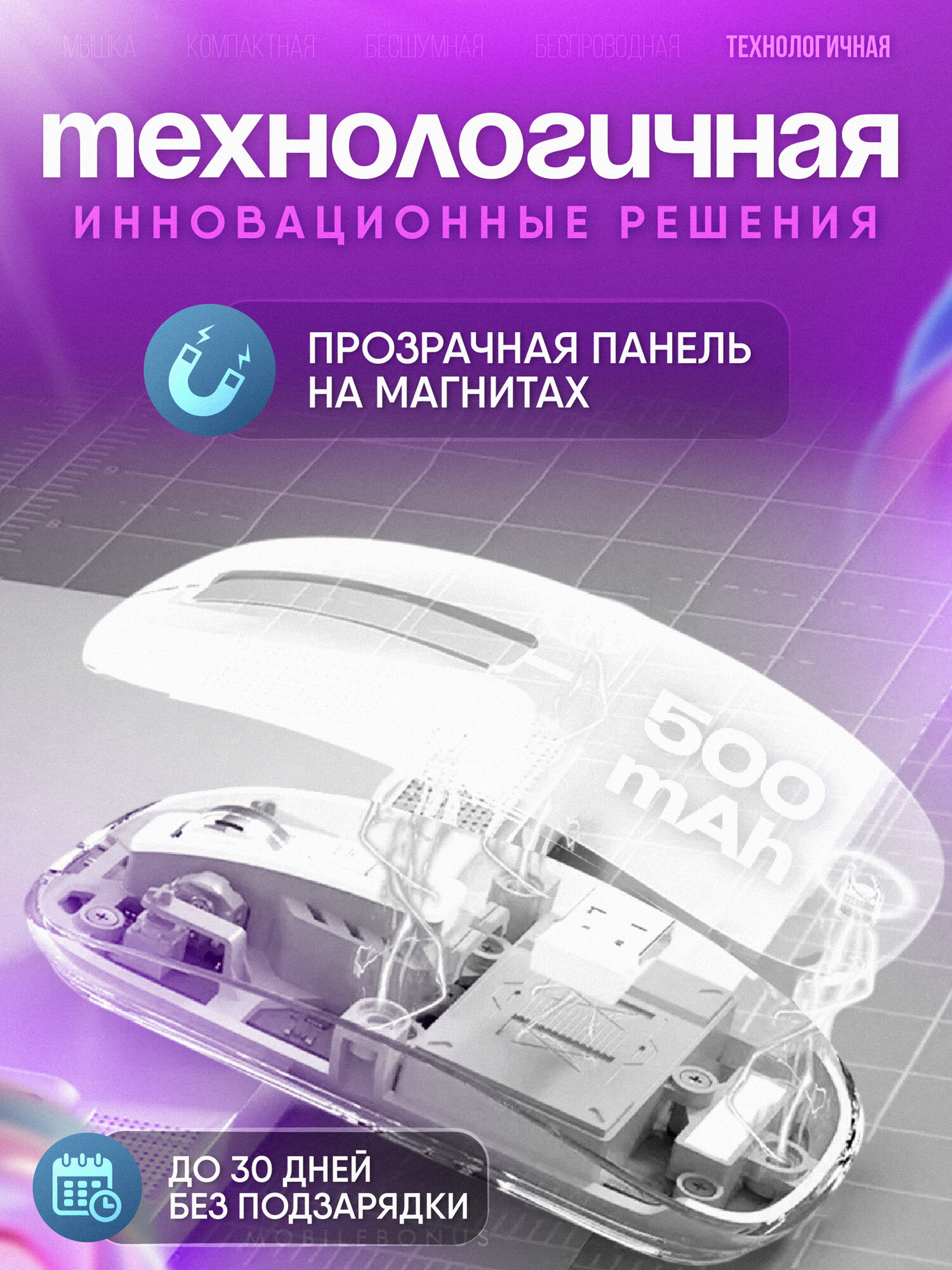 Беспроводная мышь для компьютера прозрачная. 2.4Gz + bluetooth — фото 1