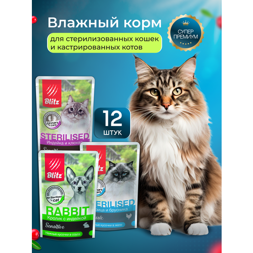 Влажный корм для кошек стерилизованных Blitz набор паучей, 85 г х 12шт