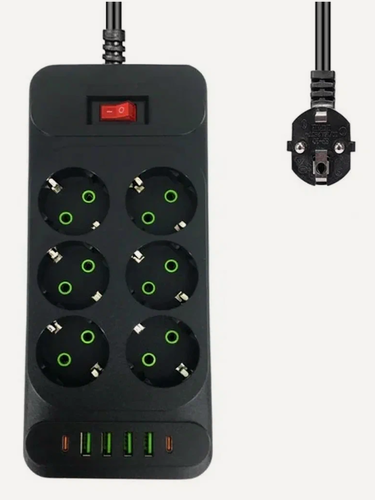 Изображение товара Сетевой фильтр черный, сетевой фильтр удлинитель, сетевой фильтр 4 USB, 6 розеток, 2 USB-C, провод 2 метра, выключатель на корпусе