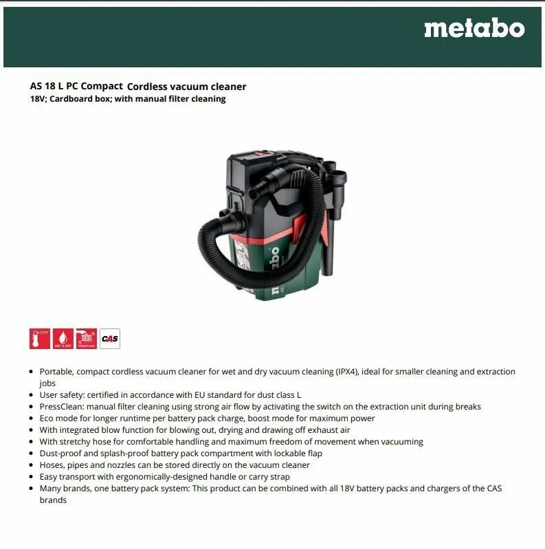 Metabo AS 18 L PC Compact беспроводной пылесос 18 В картонная коробка с ручной очисткой фильтра