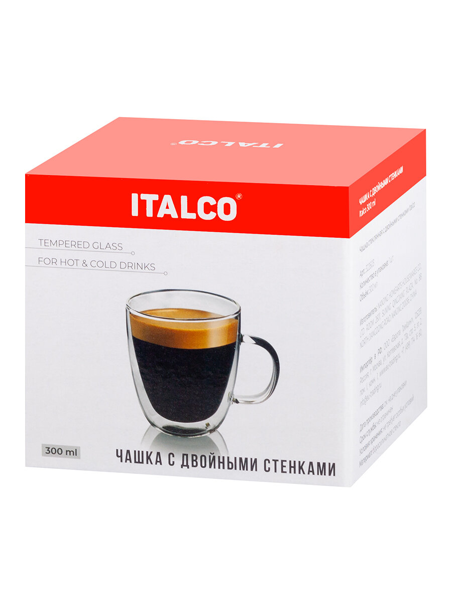Кружка Italco, двойные стенки, 300мл, прозрачная, бесцветная, стекло, 1 шт — фото 1