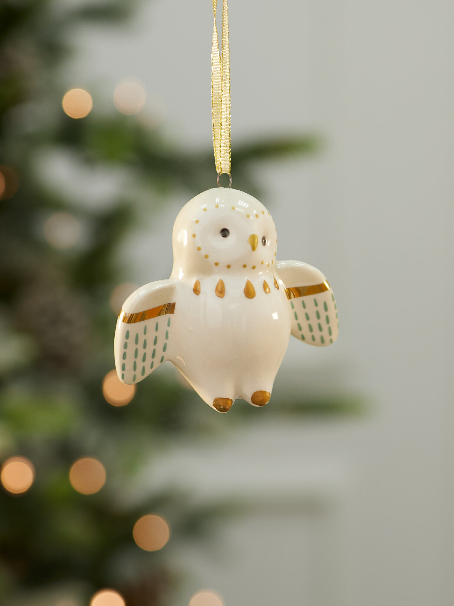 Елочная игрушка Лавка Чудес "Сова", фарфор, 6,2 см, белый/золотой — фото 1