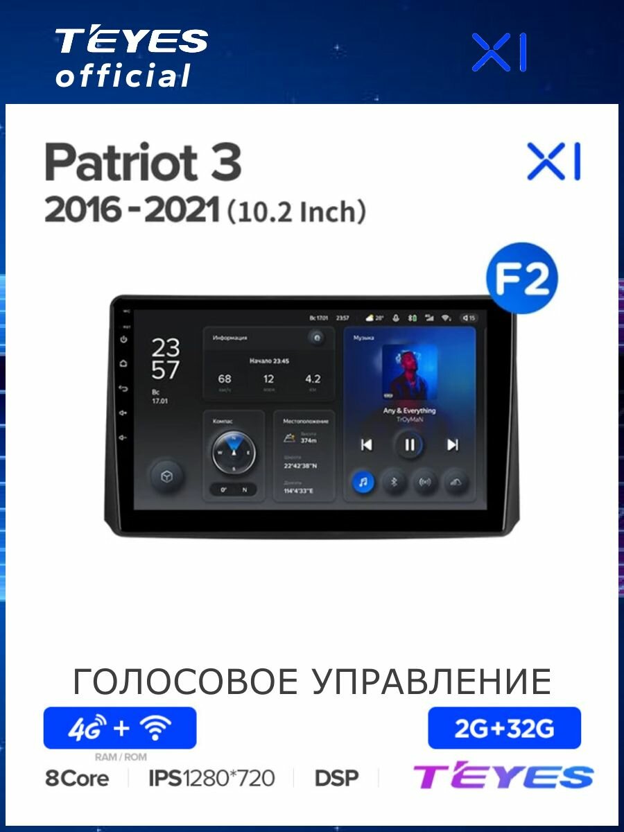 Магнитола UAZ Patriot 3 2016-2021 (Комплектация F2) Teyes X1 4G 2/32GB, штатная магнитола, 8-ми ядерный процессор, IPS э