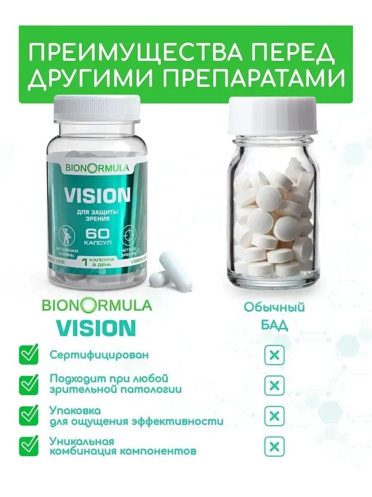 Бад Для Зрения И Слуха Витамины для глаз Bionormula VISION бад для зрения с с лютеином, укрепление и питание глазных мышц, 60 капсул