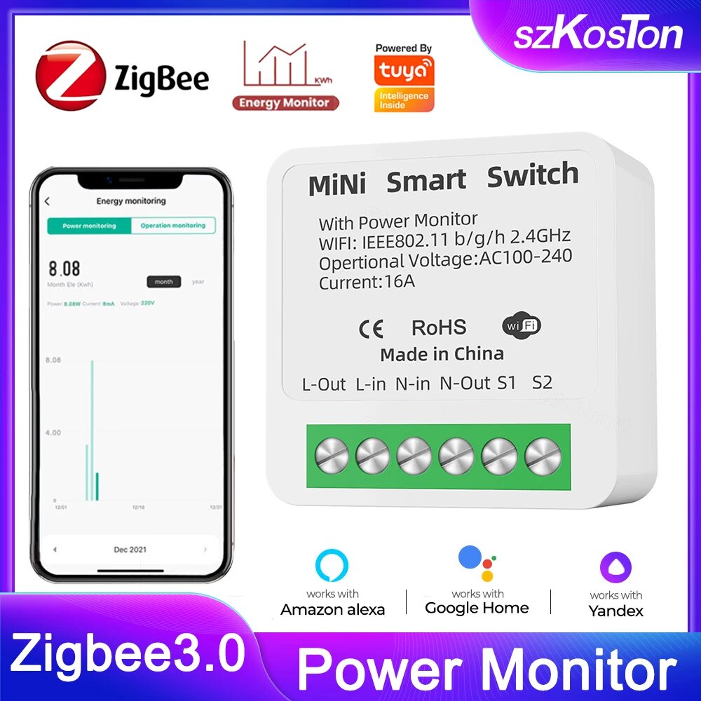 Интеллектуальный выключатель SZKOSTON ZigBee с мониторингом мощности 16A, Power Monitor, Zigbee Switch