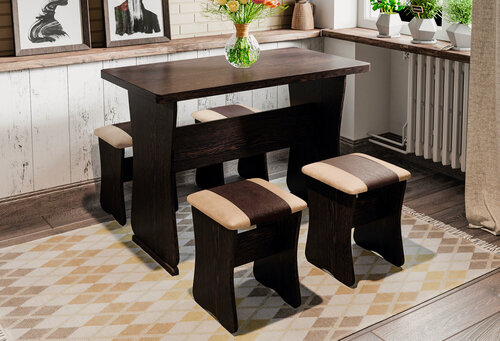 Изображение товара Обеденная группа BUDUNOV GROUP тип 1, Венге/шоколад/беж, стол и 4 табурета, 110х60х76 см/34х34х43 см.