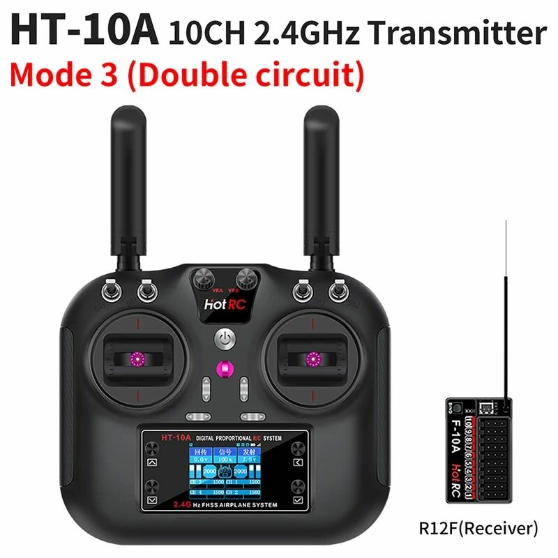 HOTRC HT-10A - 10-канальный передатчик 2.4ГГц с дисплеем 1.7" и приемником F-10A для RC моделей (самолеты, катера, машины, роботы)
