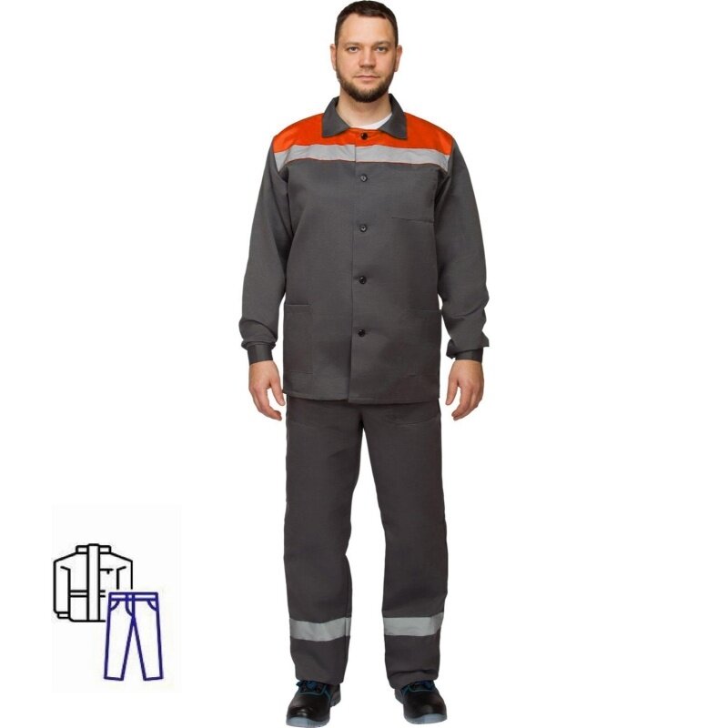 Костюм рабочий КНР летний мужской л16-КБР серый оранжевый размер 56-58 рост 170-176 см (л16-КБР муж с СОП сер/оранж)