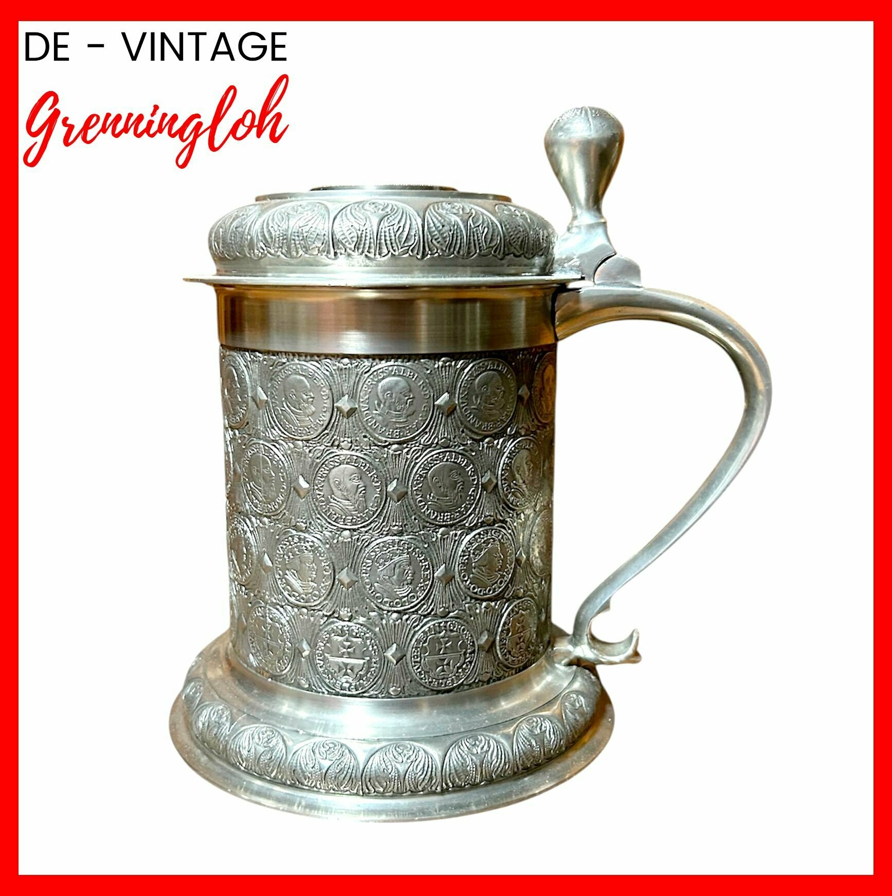 Кружка пивная винтажная, оловянная Монеты, Grenningloh. Германия