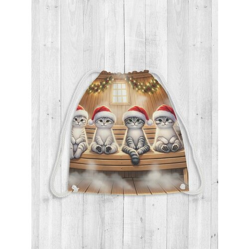Сумка рюкзак-мешок для обуви и вещей с принтом Новогодние коты в бане 38x40см JoyArty 1499₽