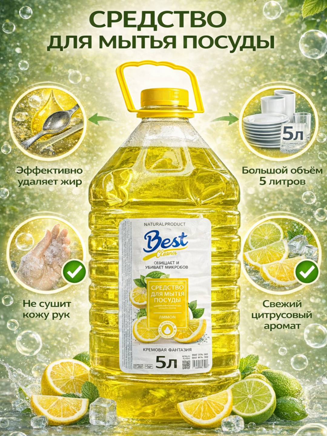 Best Cleaner средство для мытья посуды 5 л – лимонное, удаляет жир и легко смывается