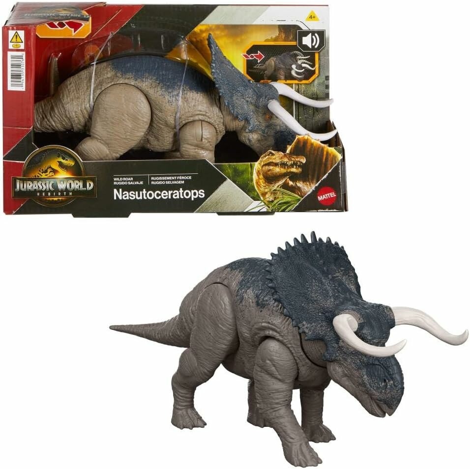Nasutoceratops Wild Roar Jurassic World Rebirth, атака хвостом, рычание, 30 см, скан-код в приложение