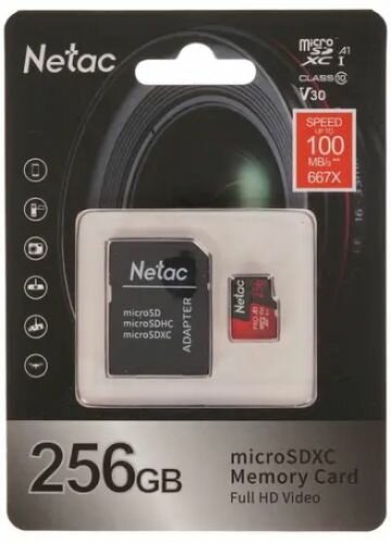 Карта памяти 256GB Netac NT02P500PRO-256G-R MicroSDXC P500 Extreme Pro, SD Adapter