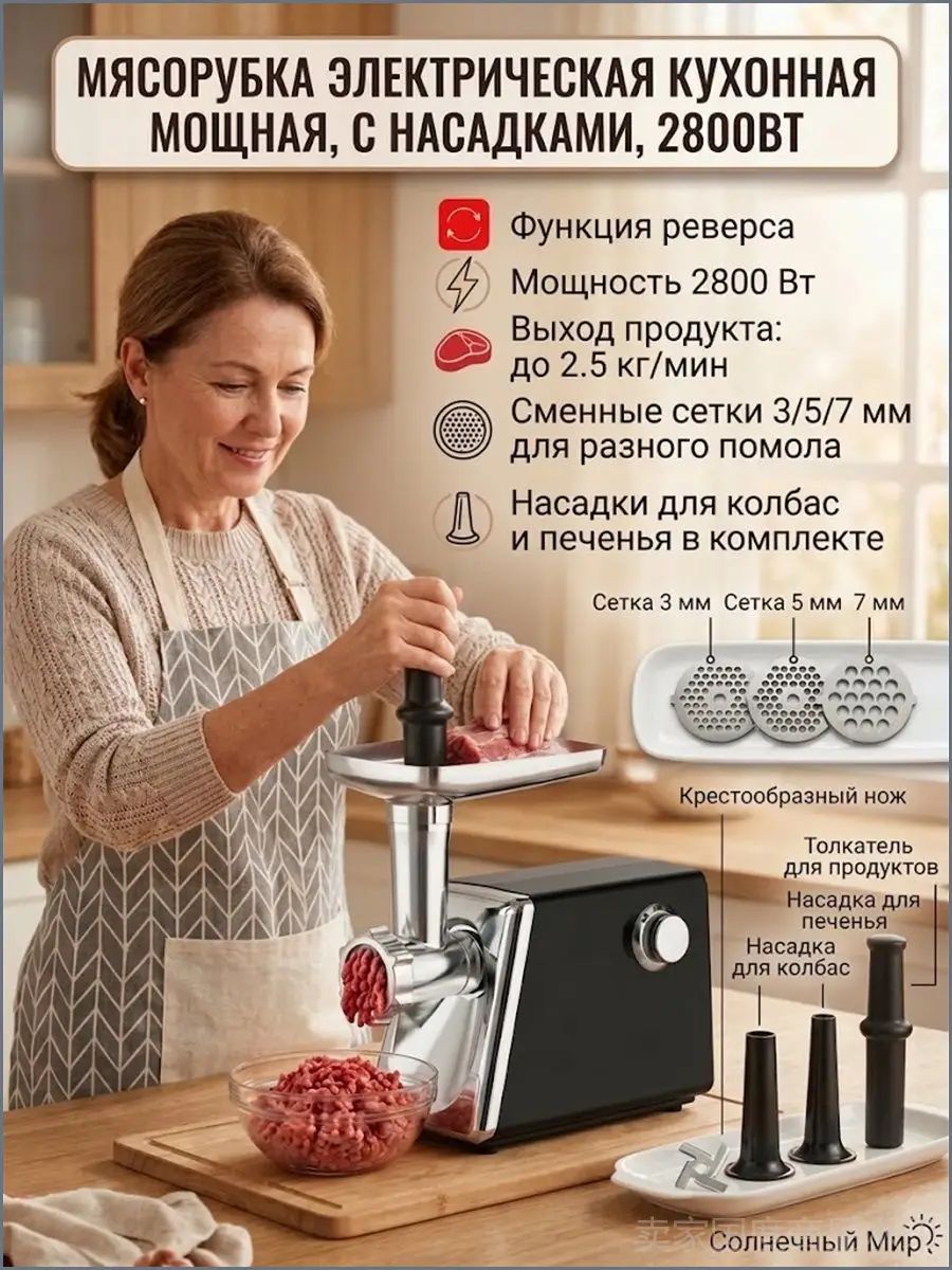 Мясорубка электрическая кухонная мощная, с насадками,2500Вт, Серый металлик