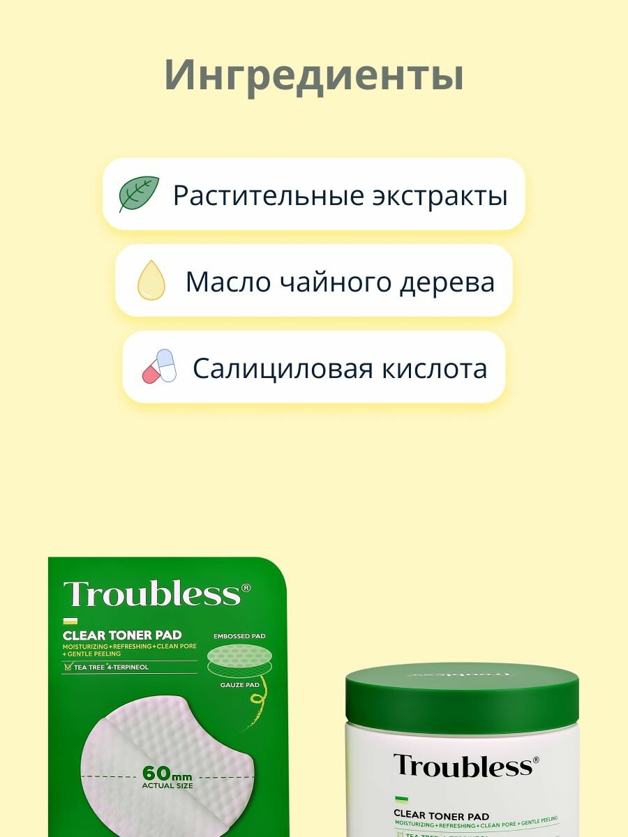 Диски для лица TROUBLESS с маслом чайного дерева (очищающие и увлажняющие) 60 шт. — фото 1