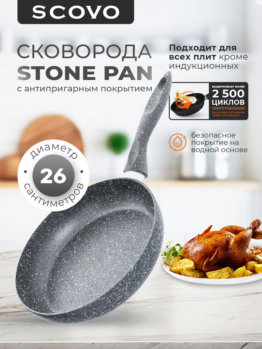 Сковорода без крышки 26 см с антипригарным покрытием с фиксированной ручкой SCOVO Stone Pan