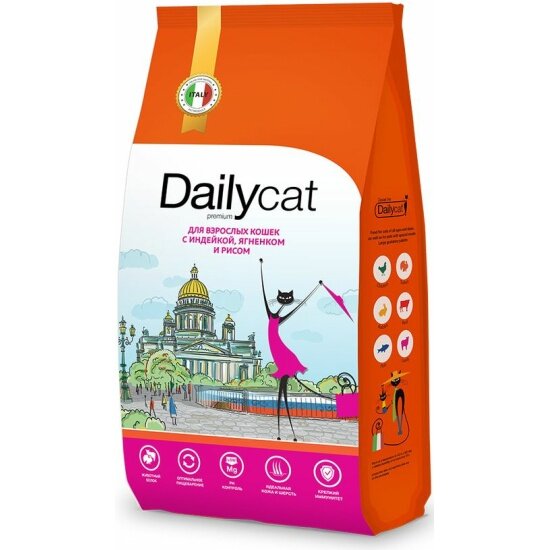 Корм сухой Dailycat casual для взрослых кошек с индейкой, ягненком и рисом 1,5кг