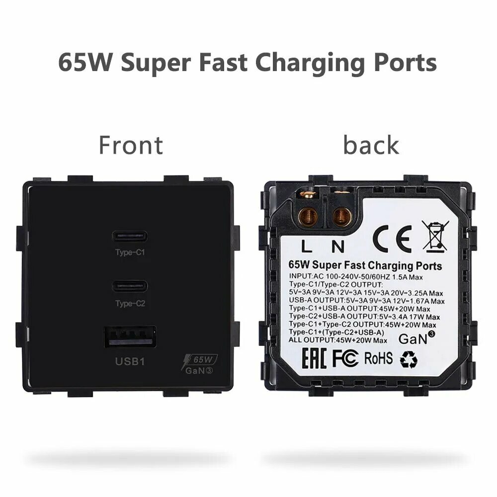 65Вт розетка модуль c портами USB и type-C Быстрая зарядка, Черная,1 шт.