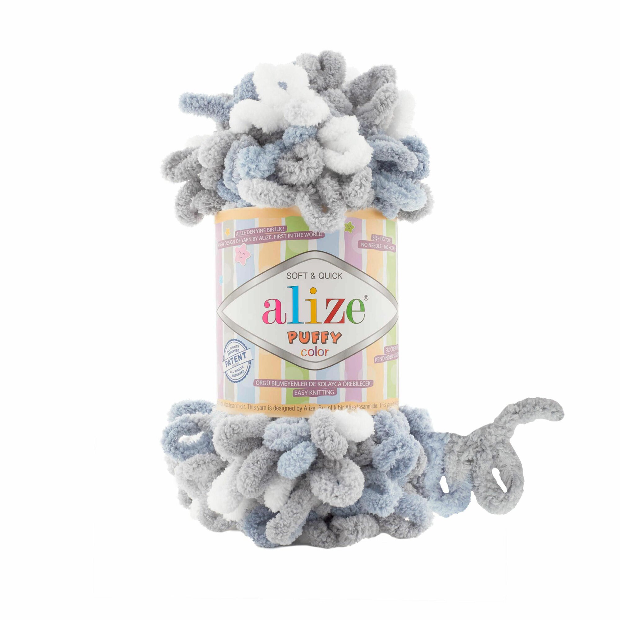Пряжа для вязания Puffy Color Alize 1 моток (9 м, 100 гр), цвет 6629 белый-голубой-серый